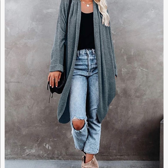 NWT Waffle Knit Batwing Long Sleeve Cardigan Loose Open Front Sweater Coat - Picture 3 of 10